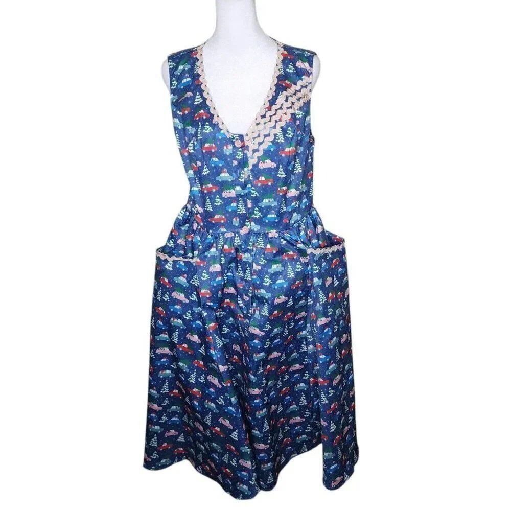 Unique Vintage Syracuse Swing Dress Cars Christmas Tree Holiday Women L Blue